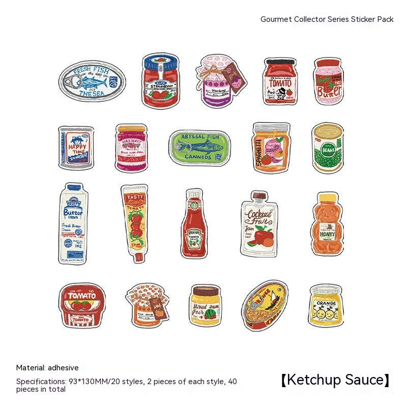 20 colourful illustrated food stickers showing assorted jars, bottles and cans arranged on a white background.