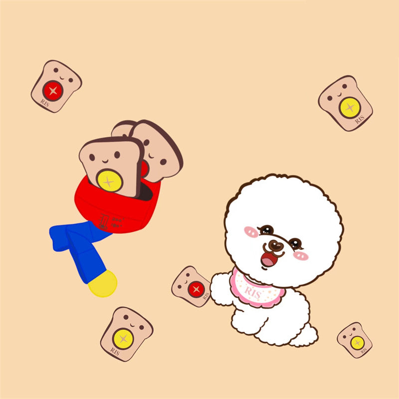 Kawaii illustration of a fluffy dog playing with bread-shaped toys, featuring a joyful expression and brightly coloured ou...