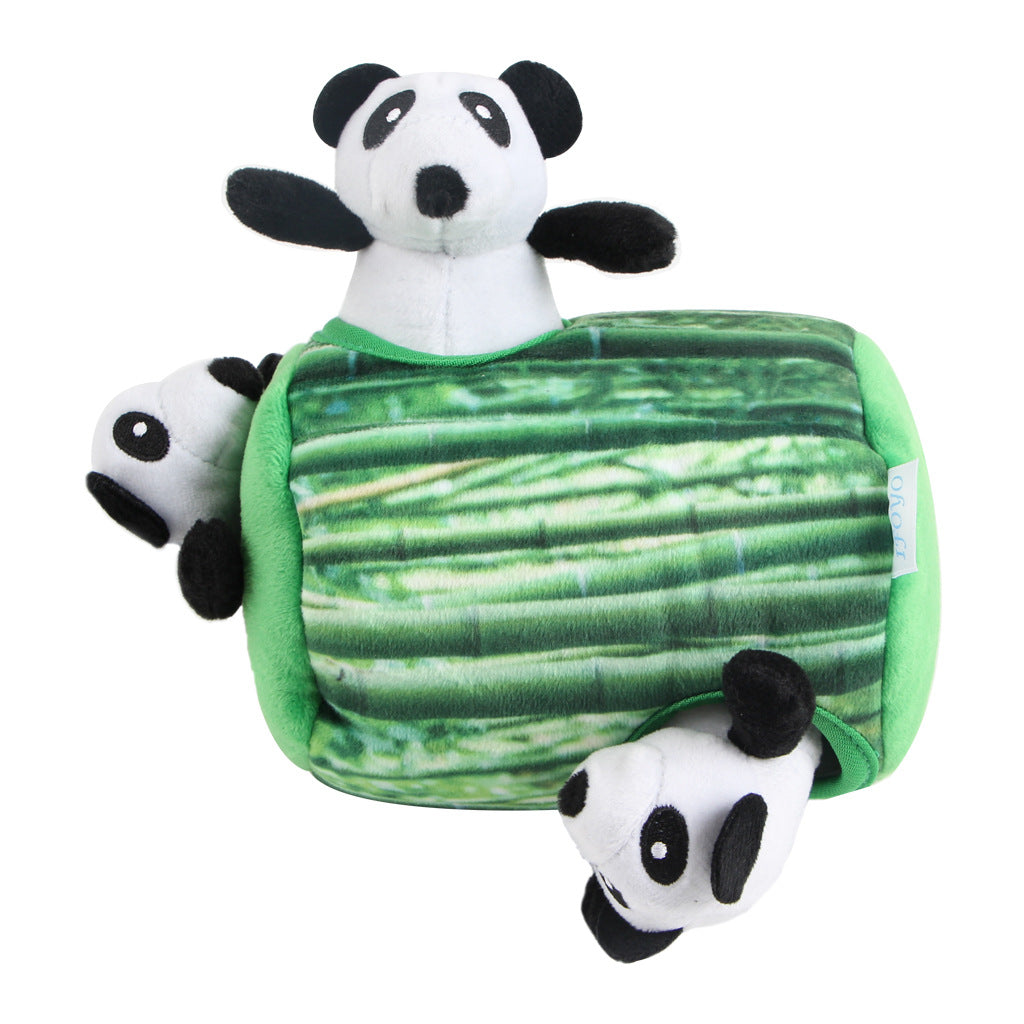 Bamboo-themed snuffle dog toy featuring plush pandas and a green bamboo design for interactive play.