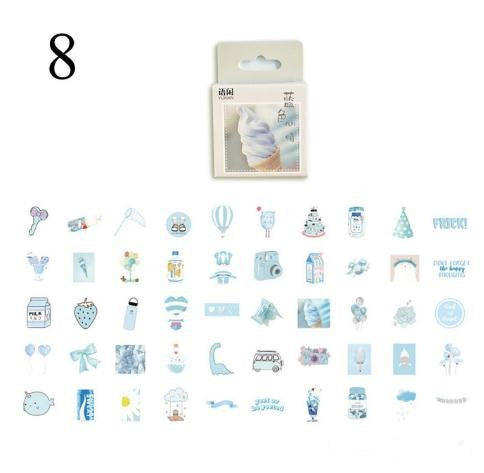 Packaged sticker sheet with ice-cream swirl header and dozens of small pastel blue-pink kawaii icons.