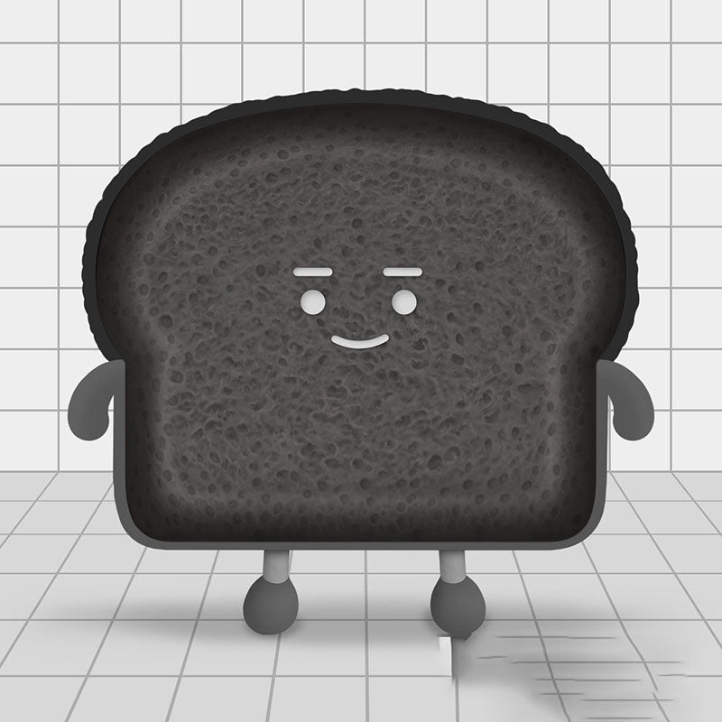 Charcoal toast-shaped plush with porous texture, small arms and round feet, smiling face on tiled floor.