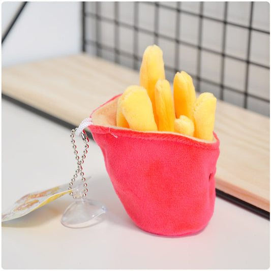 One small plush red fry container with yellow plush fries, metal bead chain and clear suction cup.