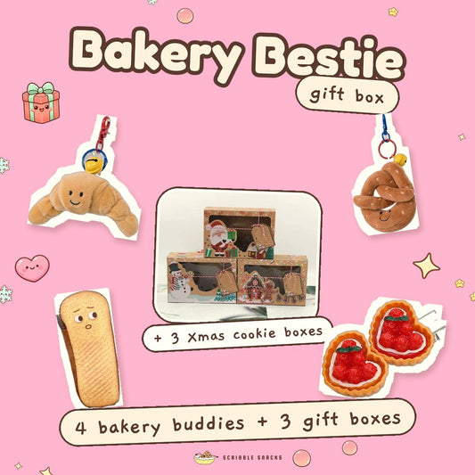 Bakery Bestie gift box graphic showing the four bakery items and three Christmas cookie boxes on pink