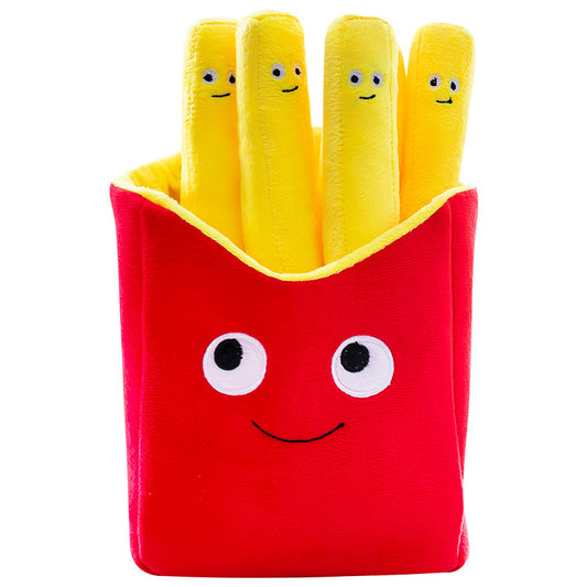Red plush fries box with a smiling face holding four yellow plush fries, shown on a white background.