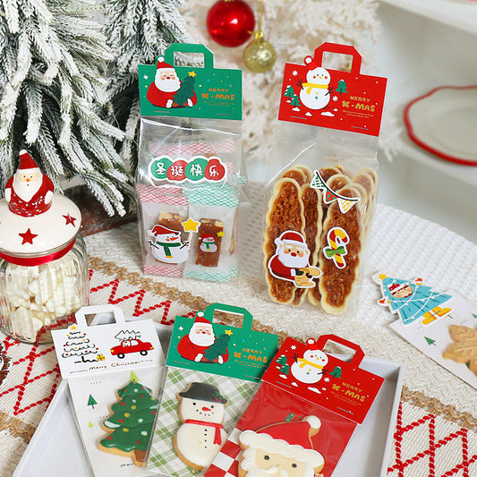 Festively packaged Christmas biscuit gift bags with various designs, featuring Santa, snowmen, and Christmas trees.