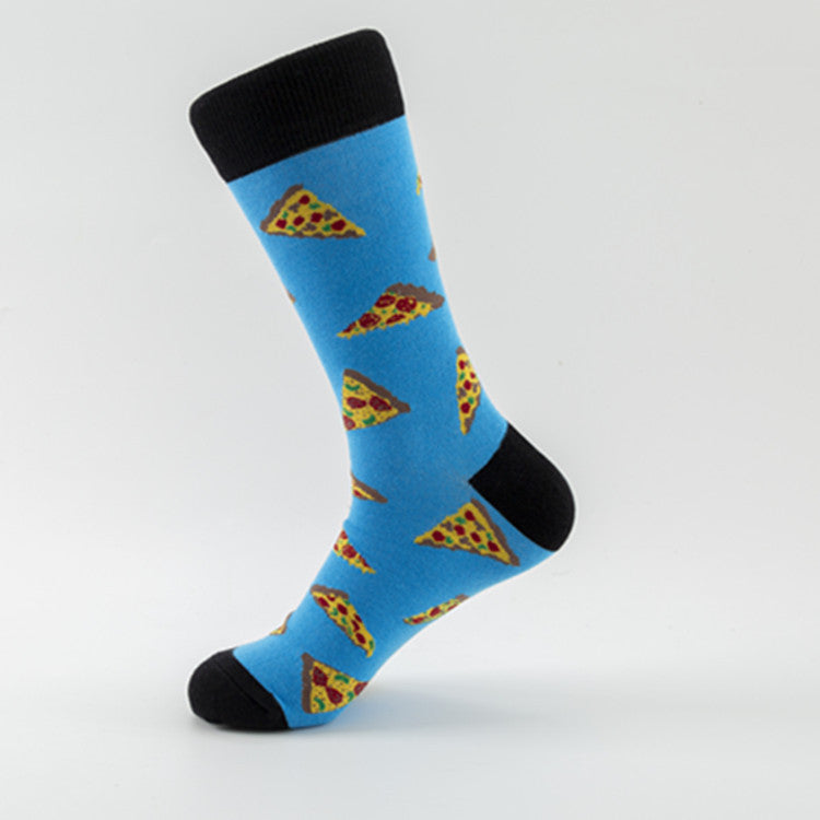 One blue crew sock with repeating pizza-slice pattern and black cuff, heel and toe, shown upright.