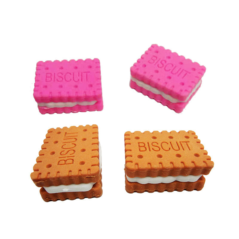 Two pink and two brown sandwich biscuit erasers with white cream centres