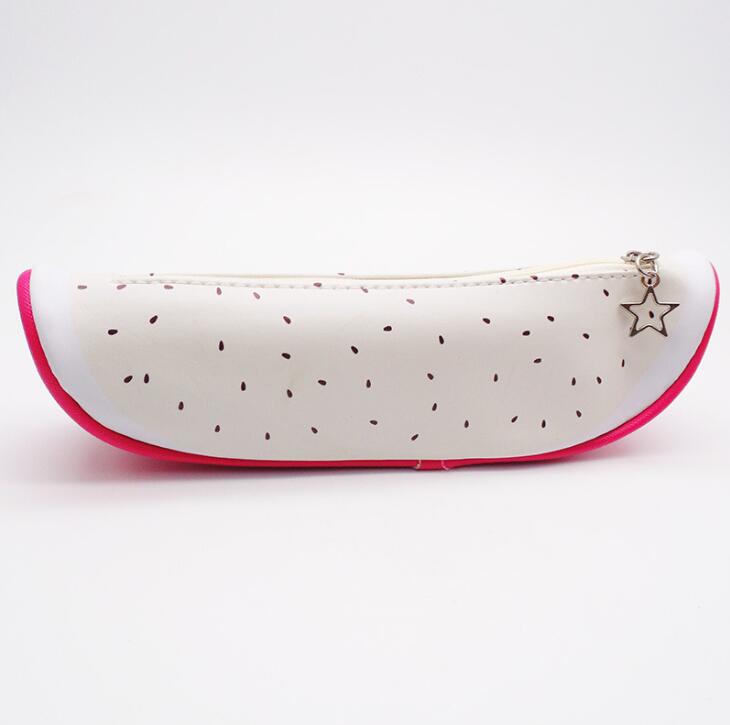 One curved white zippered pencil case with small dark speckles, bright pink base and silver star zipper charm.