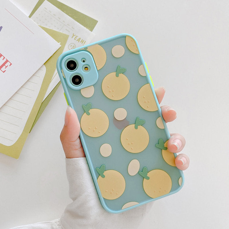 Candy Colour Fruit iPhone Case featuring a light blue background with cute orange and green leaf designs.