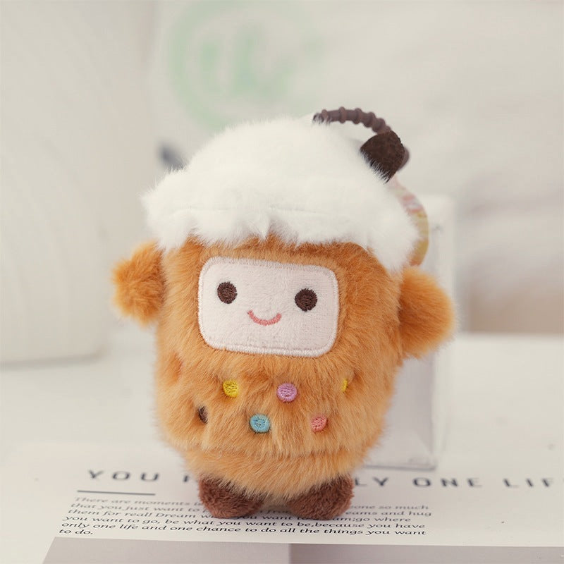Brown Sugar bubble tea cup plush keychain, caramel brown and fluffy with a smiley face