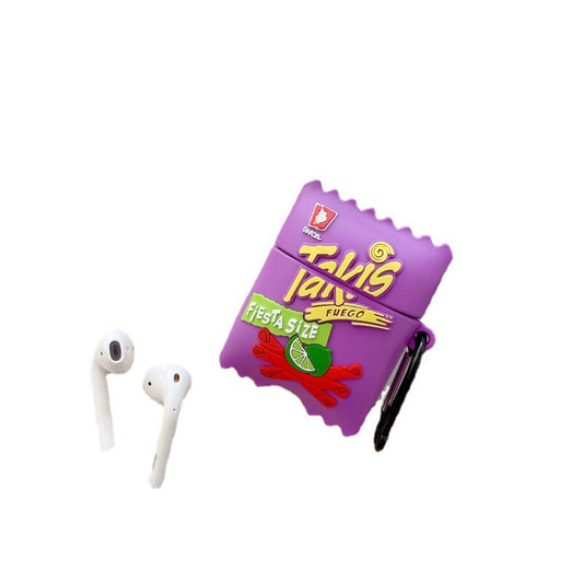 Purple candy bag AirPods case with vibrant graphics, featuring a mischievous brand logo and a small pen beside it.