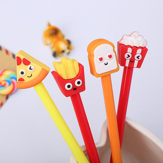 Four food gel pens with pizza, fries, toast and popcorn toppers standing in a pot
