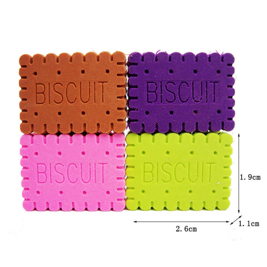 Four biscuit-shaped erasers (brown, purple, pink, lime green), embossed BISCUIT, 2.6×1.9×1.1cm markings.