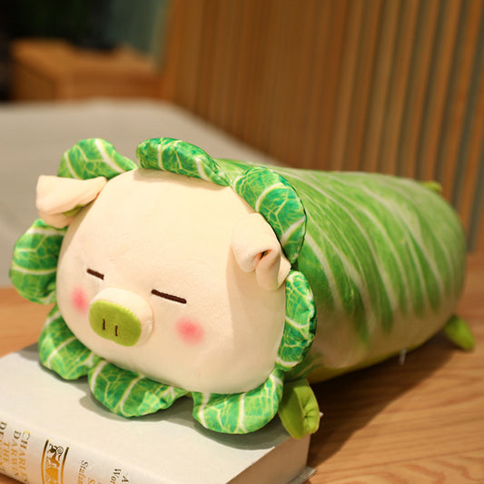 Cabbage pig plush pillow with a sleepy squinting face