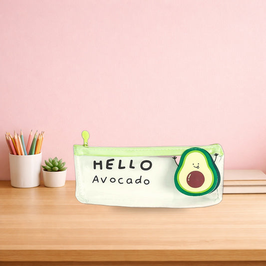 Hello Avocado clear pencil case on an oak desk beside a pot of pencils