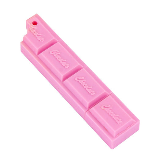 Pink chocolate bar shaped ballpoint pen with four embossed segments on white