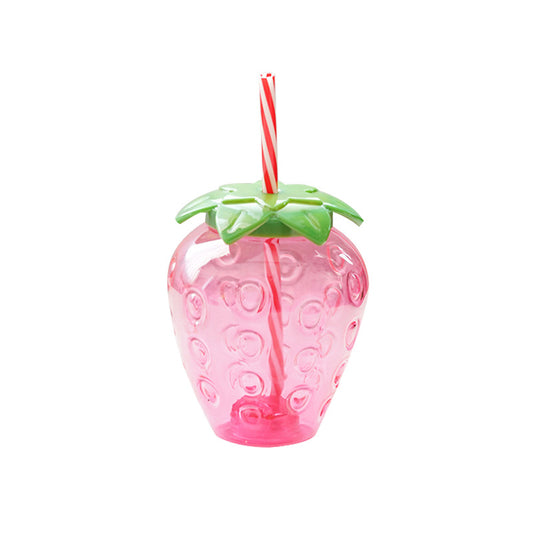 One translucent pink strawberry cup with embossed seeds, green leaf lid and red-and-white straw.