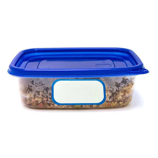 Clear rectangular food container with blue lid, mixed contents, and a blank white label with blue border.
