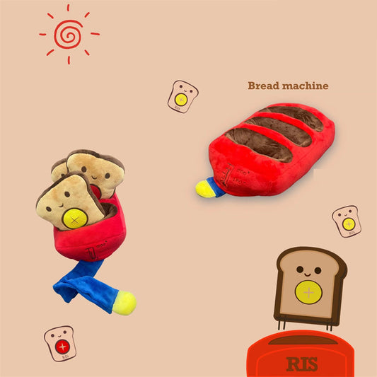Plush bread machine dog toy in red, featuring three bread slice toys with smiling faces and a blue handle.