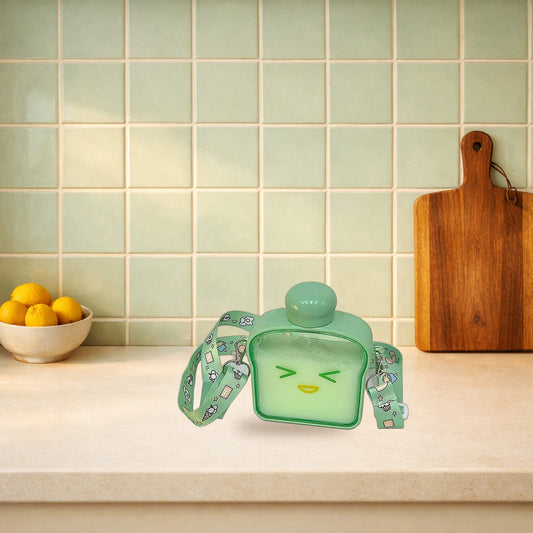 Green bread loaf water bottle with its strap on a kitchen worktop