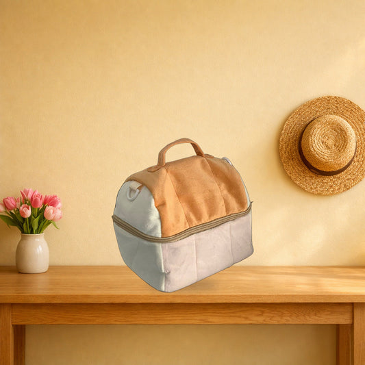 Bread loaf zip storage bag on a light oak console table