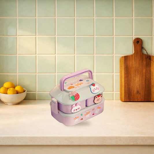 Purple bento lunch box on a warm white kitchen worktop