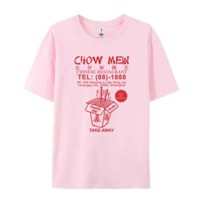 One light pink short-sleeve T-shirt with red "CHOW MEIN" text and take-away noodle box graphic on front.
