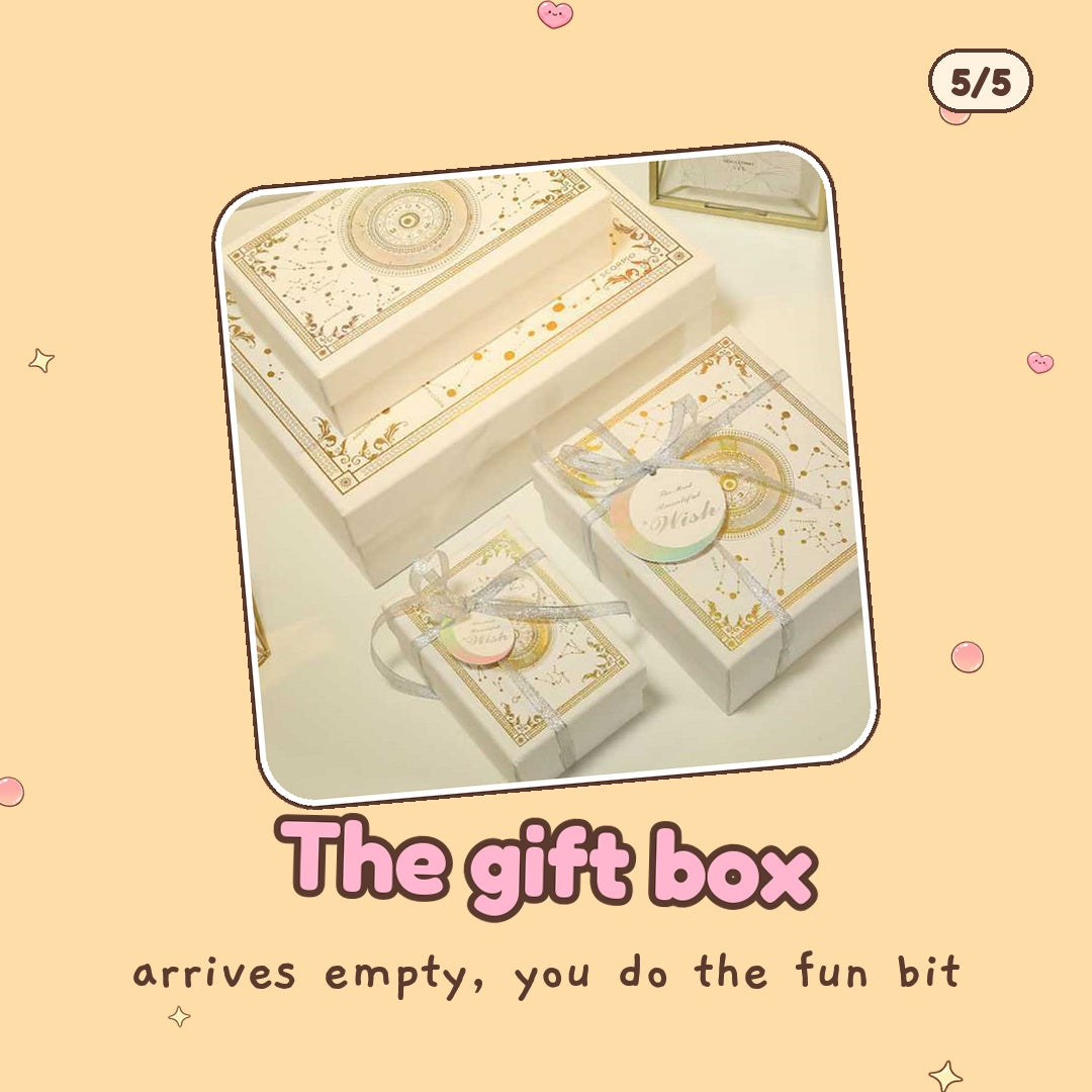 The white and gold gift box with lid (supplier photo; ribbon and tag styling not included), arrives empty