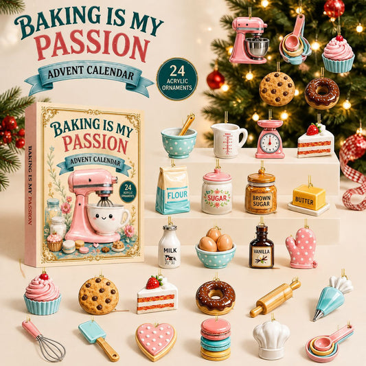 Baking Is My Passion advent calendar box with tiny cupcake, cookie and mixer ornaments around a Christmas tree