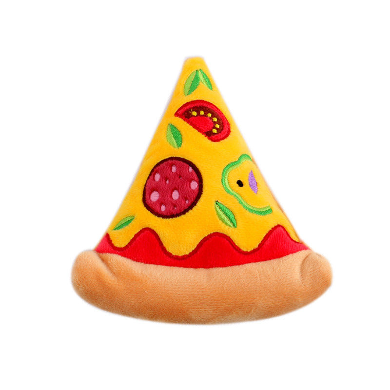 One plush pizza slice toy, yellow with red pepperoni and green toppings, tan crust, embroidered details.
