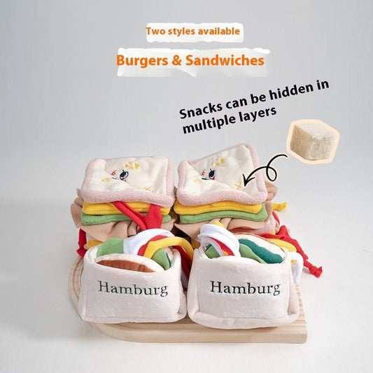 Burger and sandwich pet toys stacked, with text on hiding treats in the layers