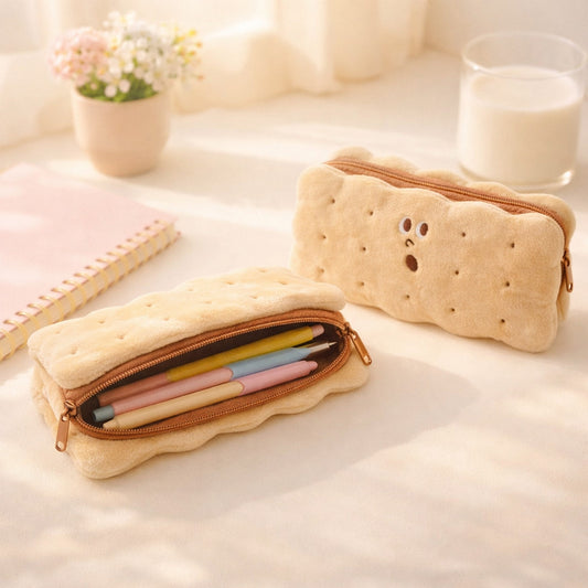 Sandwich cookie plush pencil case unzipped with pastel pens beside a pink notebook and a glass of milk on a sunny desk