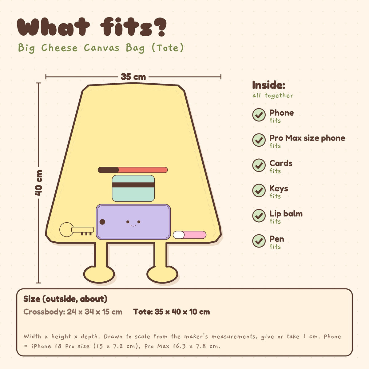 What fits in the Big Cheese Canvas Bag (Tote), about 35 x 40 x 10 cm: phone, cards, keys, lip balm and pen fit. Drawn to scale.