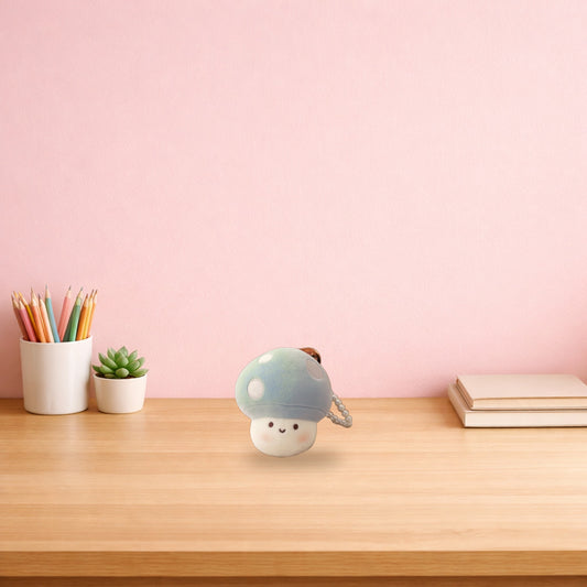 Small blue mushroom plush keychain sitting on a light oak desk