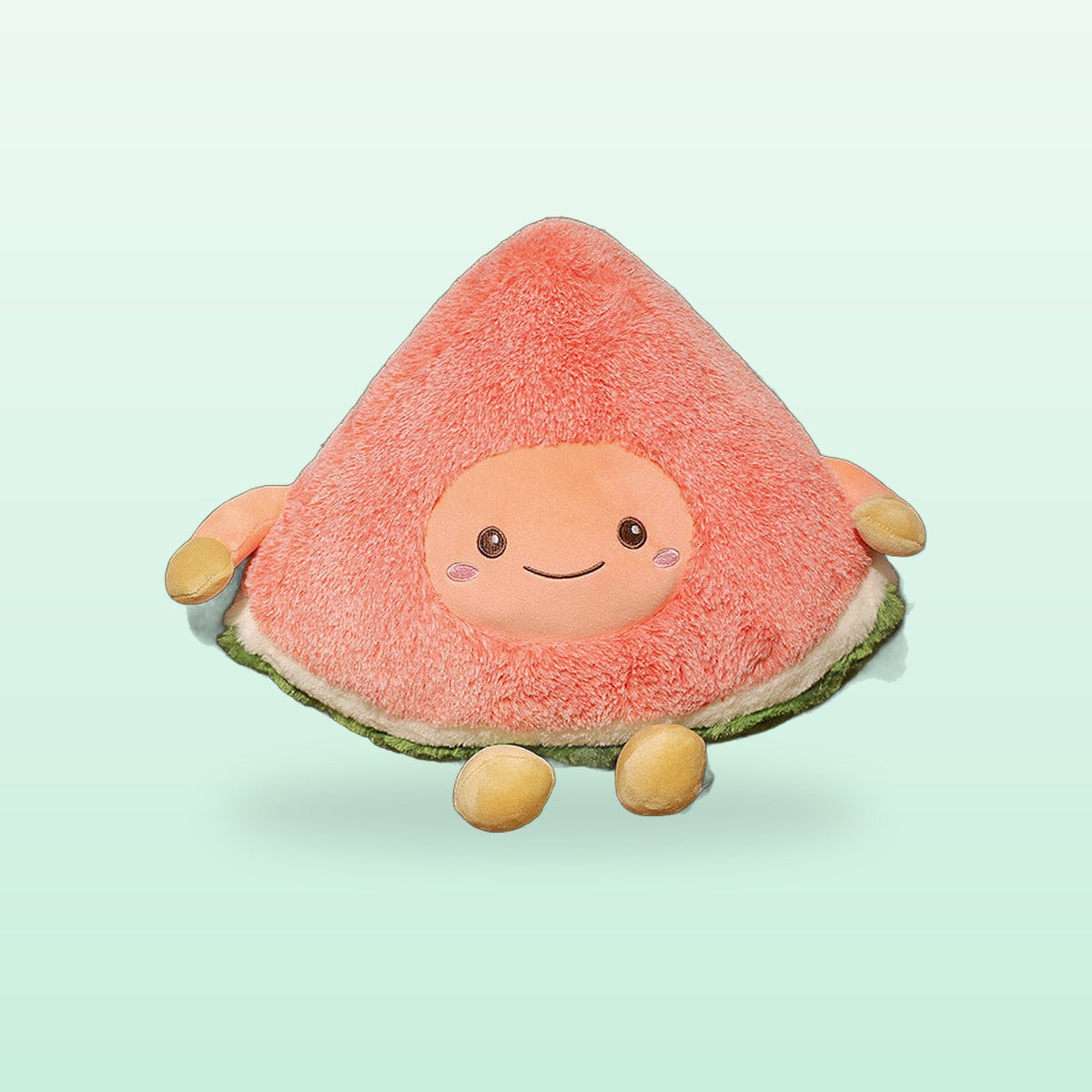 Watermelon slice plush toy with a smiling face, arms and feet, on a mint background