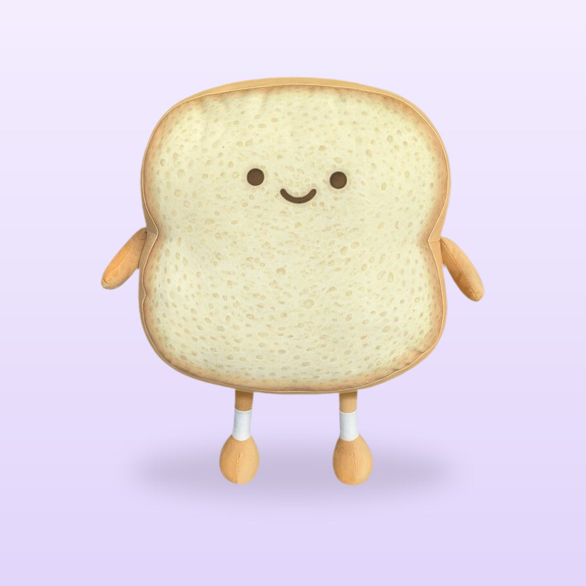 Happy toast slice plush with arms and legs, size L, on a soft lilac background