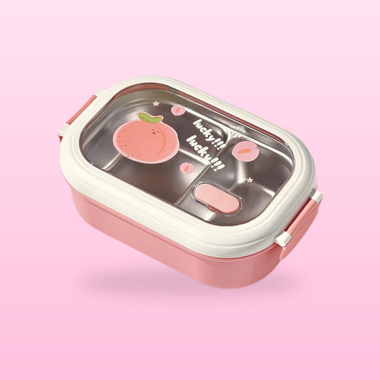 Peach Pink stainless steel bento box with a peach print on the lid, on a bubblegum pink background