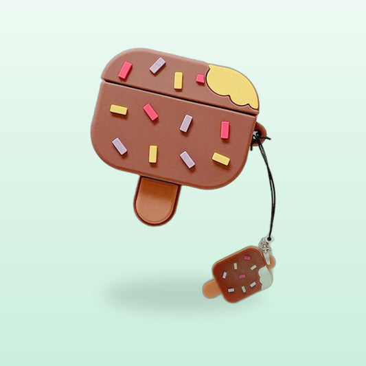 Chocolate ice lolly AirPods case with sprinkles and a mini lolly charm, on a mint background
