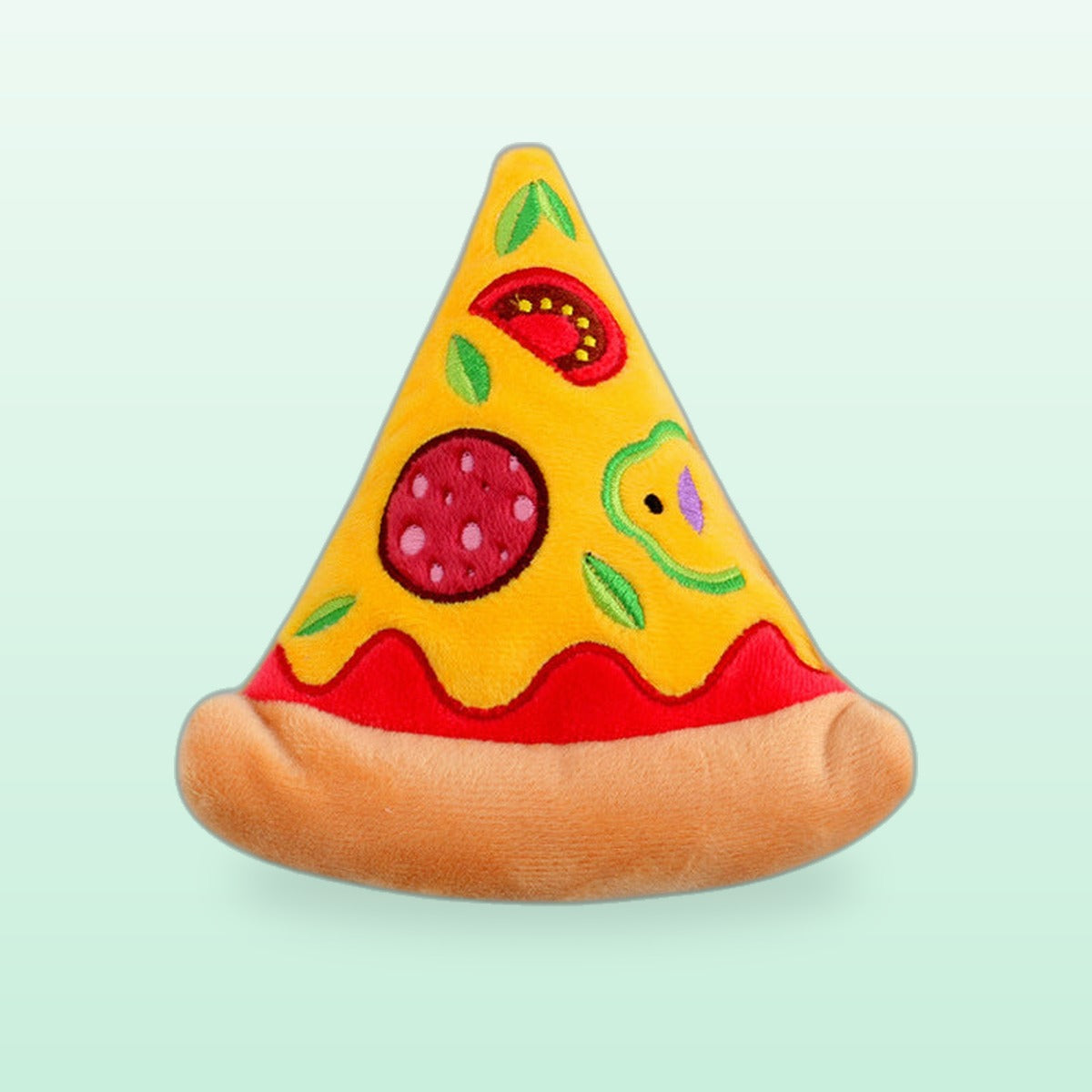 Pizza slice plush pet toy with pepperoni, pepper and a soft crust, on a mint background