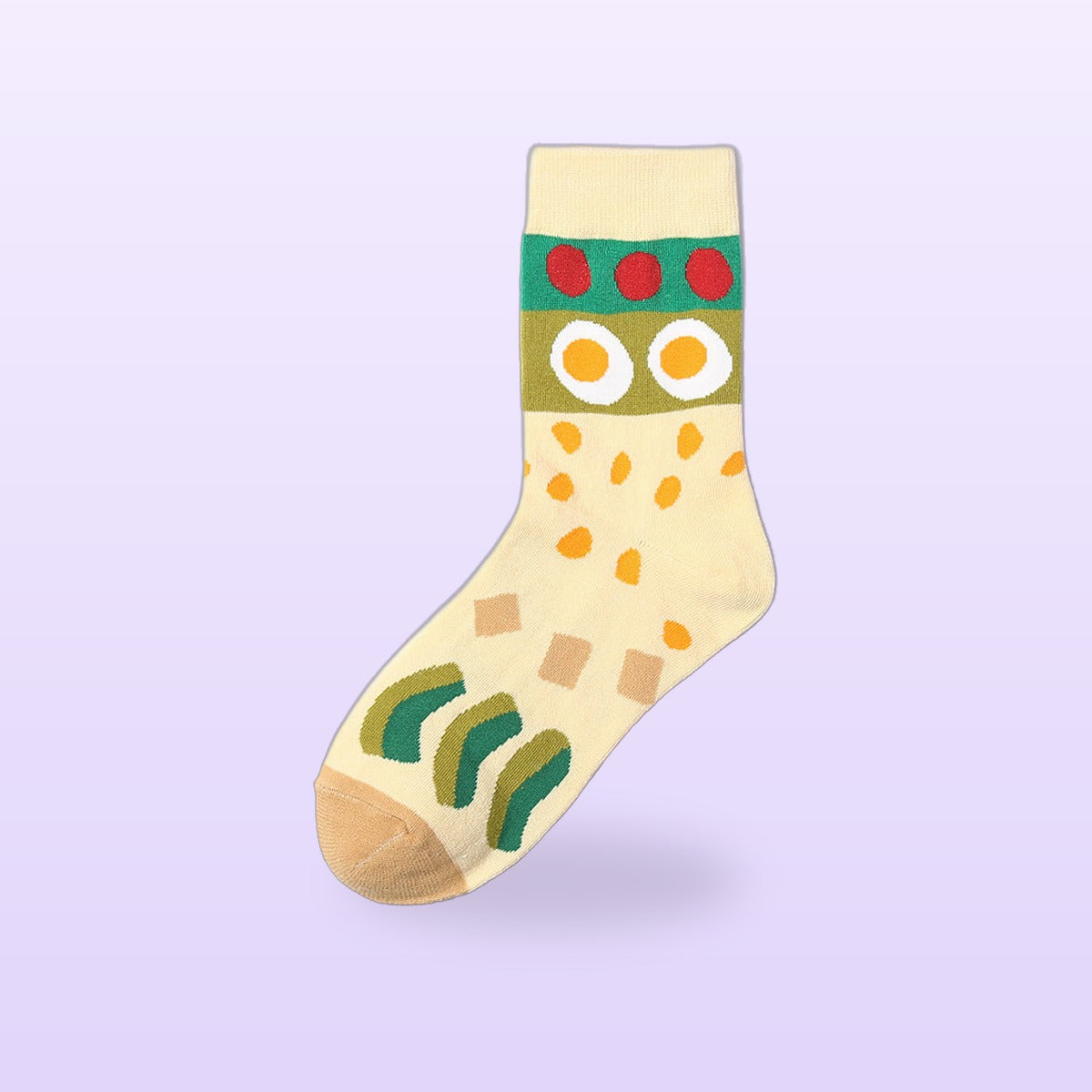 Cream cotton sock with fried eggs, tomatoes and a green band, on a soft lilac background