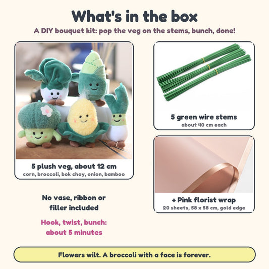 Plush veggie bouquet kit contents showing five plush veg, green wire stems and pink florist wrap