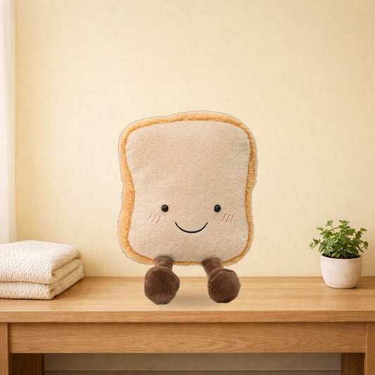 Toast plush with brown legs sitting on an oak bench in a pastel bedroom