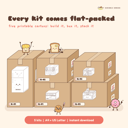 Five kawaii flat pack cartons for the papercraft kitchen kits stacked together