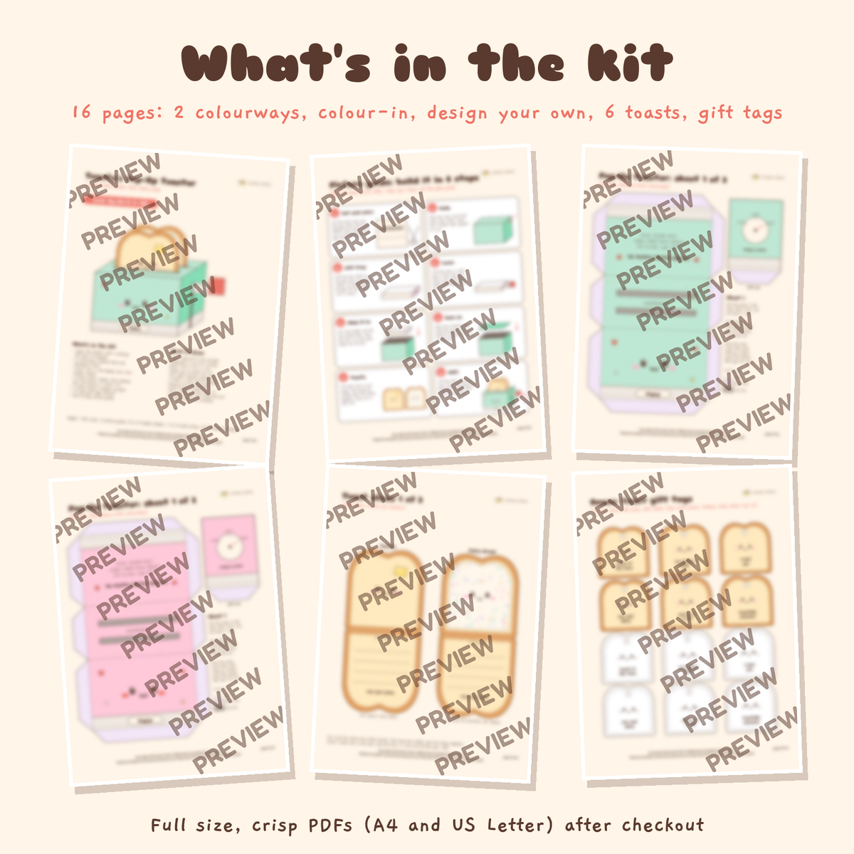 Pop up toaster papercraft kit pages as blurred previews: cover, guide, toaster sheets, toast slices and gift tags