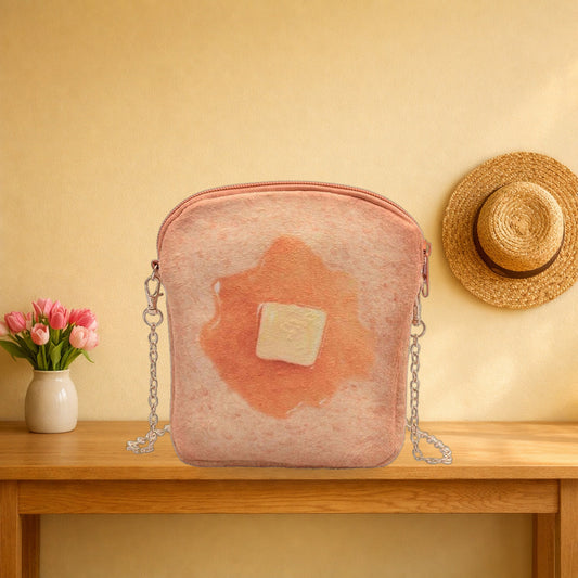 Butter toast crossbody bag with its chain strap on an oak hall table