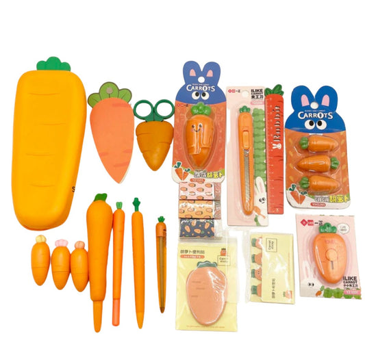 Carrot stationery set laid out with pencil case, pens, scissors, erasers, ruler and memo pads