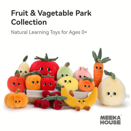 Group of small fruit and vegetable plushies in a basket