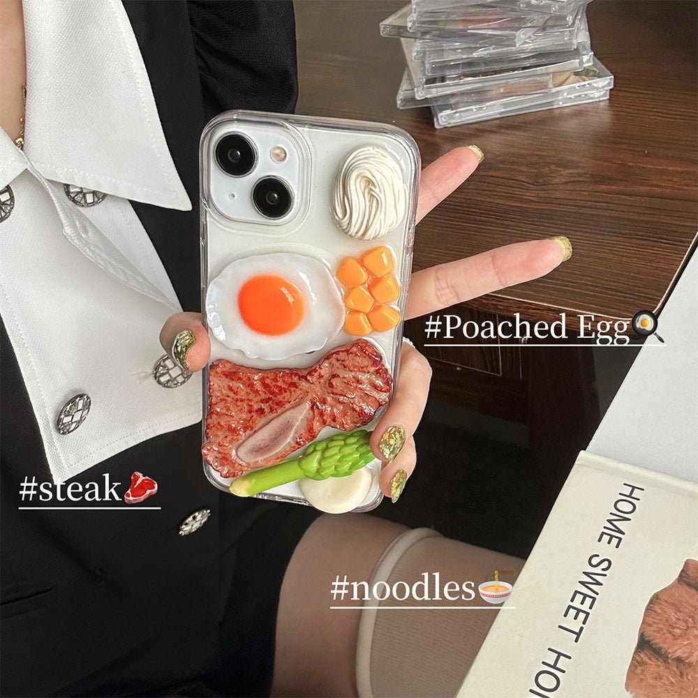 Poached Egg Elegance - Korea Cute 3D Poached Egg Steak Noodles Phone Case for iPhone 13/12 & More - iPhone Cases - Scribble Snacks