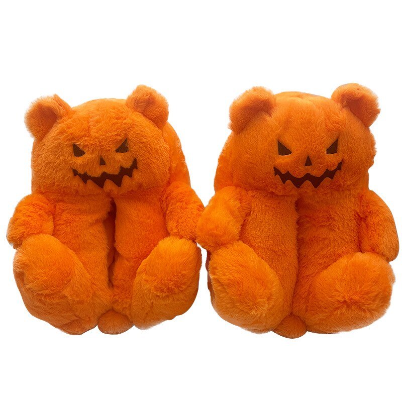 Pumpkin Teddy Bear Plush Slippers: Winter Indoor Footwear - Shoes & Slippers - Scribble Snacks