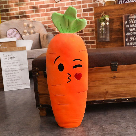 Carrot plush pillow blowing a kiss with a heart
